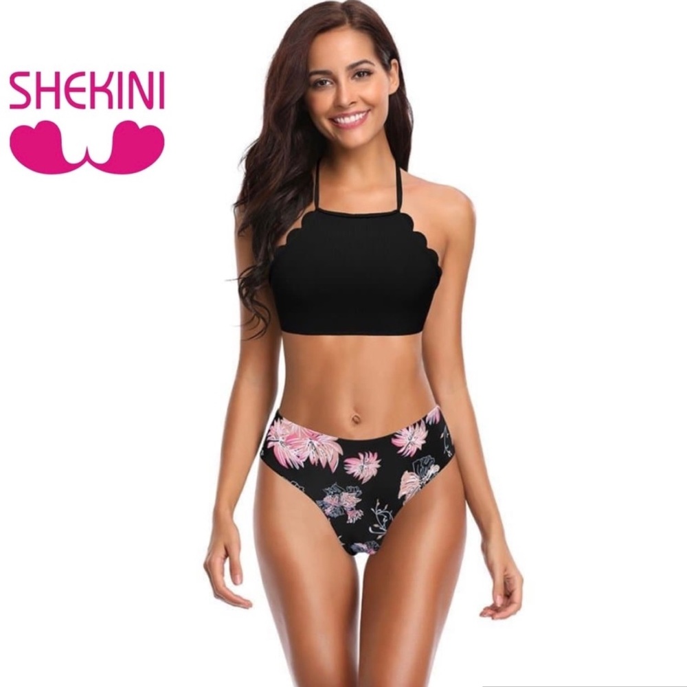 SHEKINI Black Floral Scallop Halter Bikini 🆕
